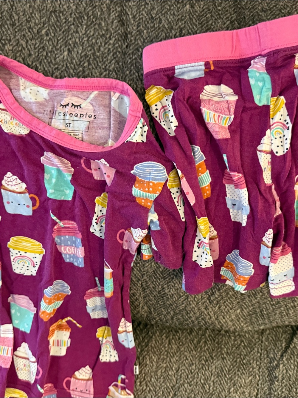 Little Sleepies Plum Coffee Cup Pajama Set with Pink Trim